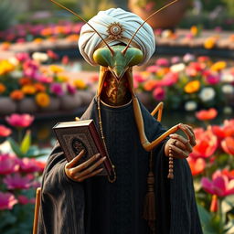 A large, realistic praying mantis dressed in traditional Muslim cleric clothing in dark colors adorned with intricate Islamic patterns