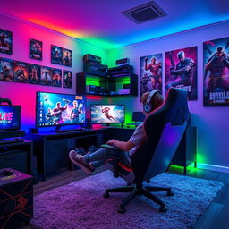 A cozy gaming room filled with colorful LED lights
