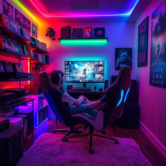 A cozy gaming room filled with colorful LED lights