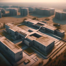 aerial view futuristic maximum-security penitentiary in broad daylight based on https://files.dreamhome.software/files/static/37044