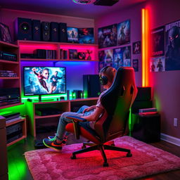A cozy gaming room filled with colorful LED lights