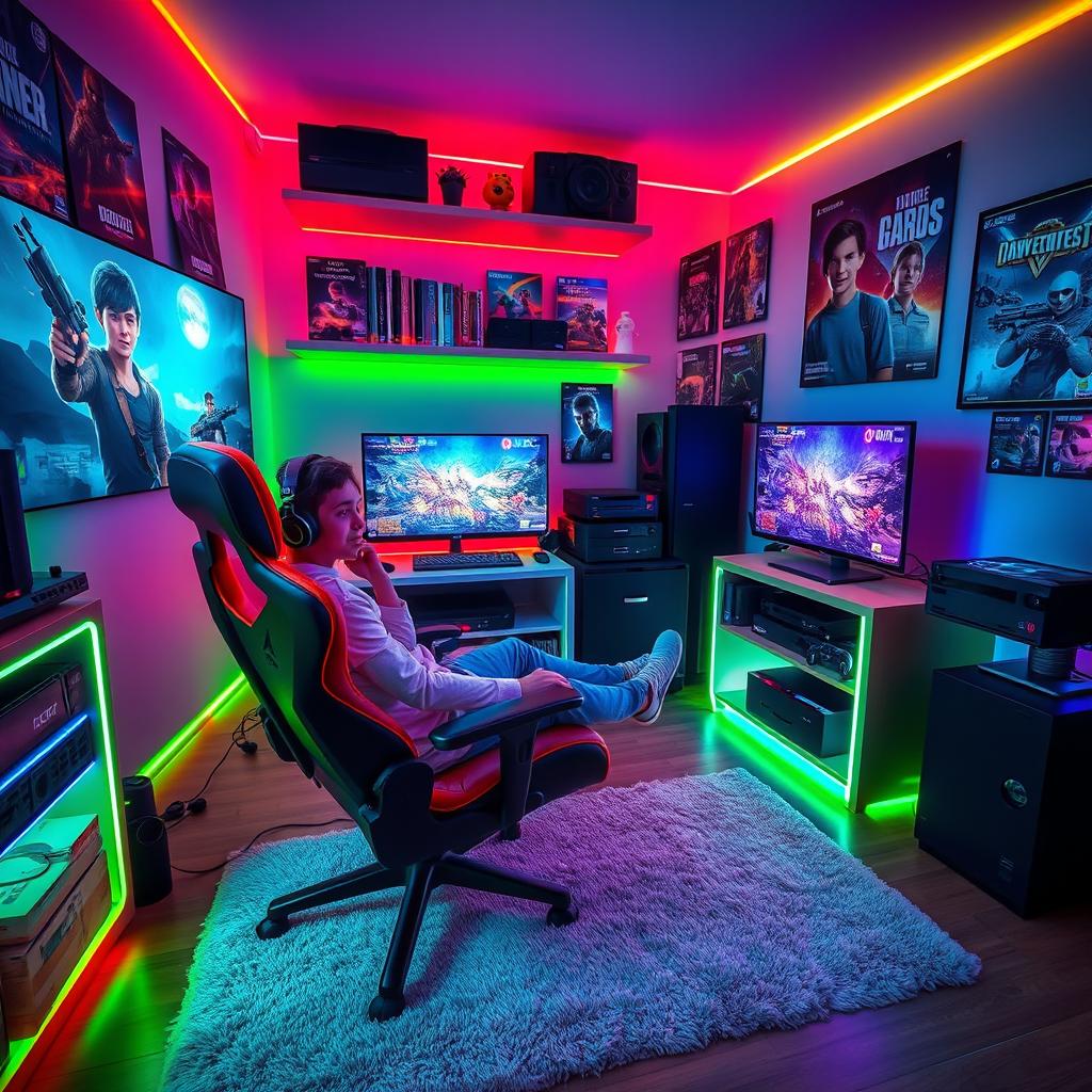 A cozy gaming room filled with colorful LED lights