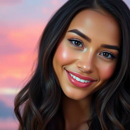 A close-up portrait of a young woman with striking features, smiling confidently