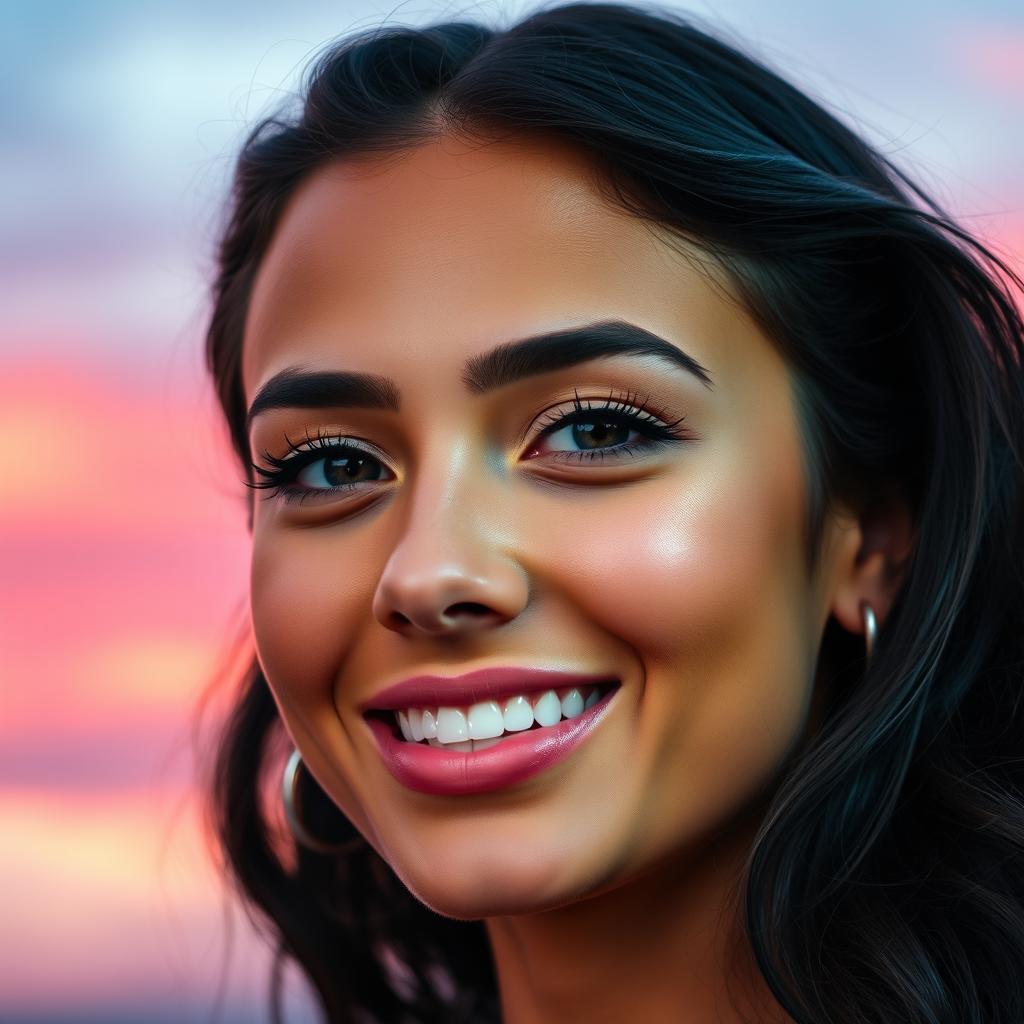 A close-up portrait of a young woman with striking features, smiling confidently