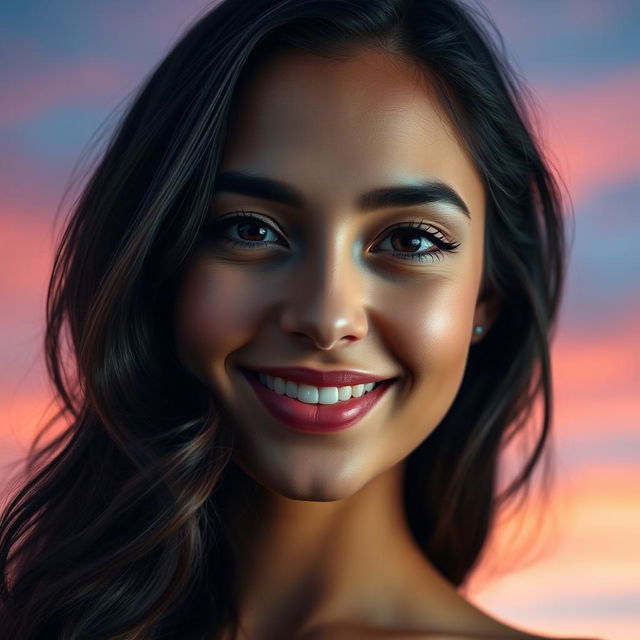 A close-up portrait of a young woman with striking features, smiling confidently