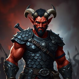 A big red-skinned male tiefling warrior stands powerfully in scale armor that is both sleek and practical