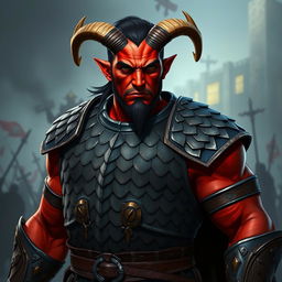 A big red-skinned male tiefling warrior stands powerfully in scale armor that is both sleek and practical