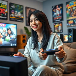 A Japanese woman in her 30s, characterized as a confident and attractive mother figure, playing video games at home