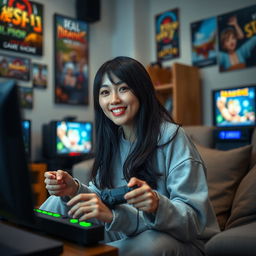 A Japanese woman in her 30s, characterized as a confident and attractive mother figure, playing video games at home