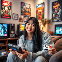A Japanese woman in her 30s, characterized as a confident and attractive mother figure, playing video games at home
