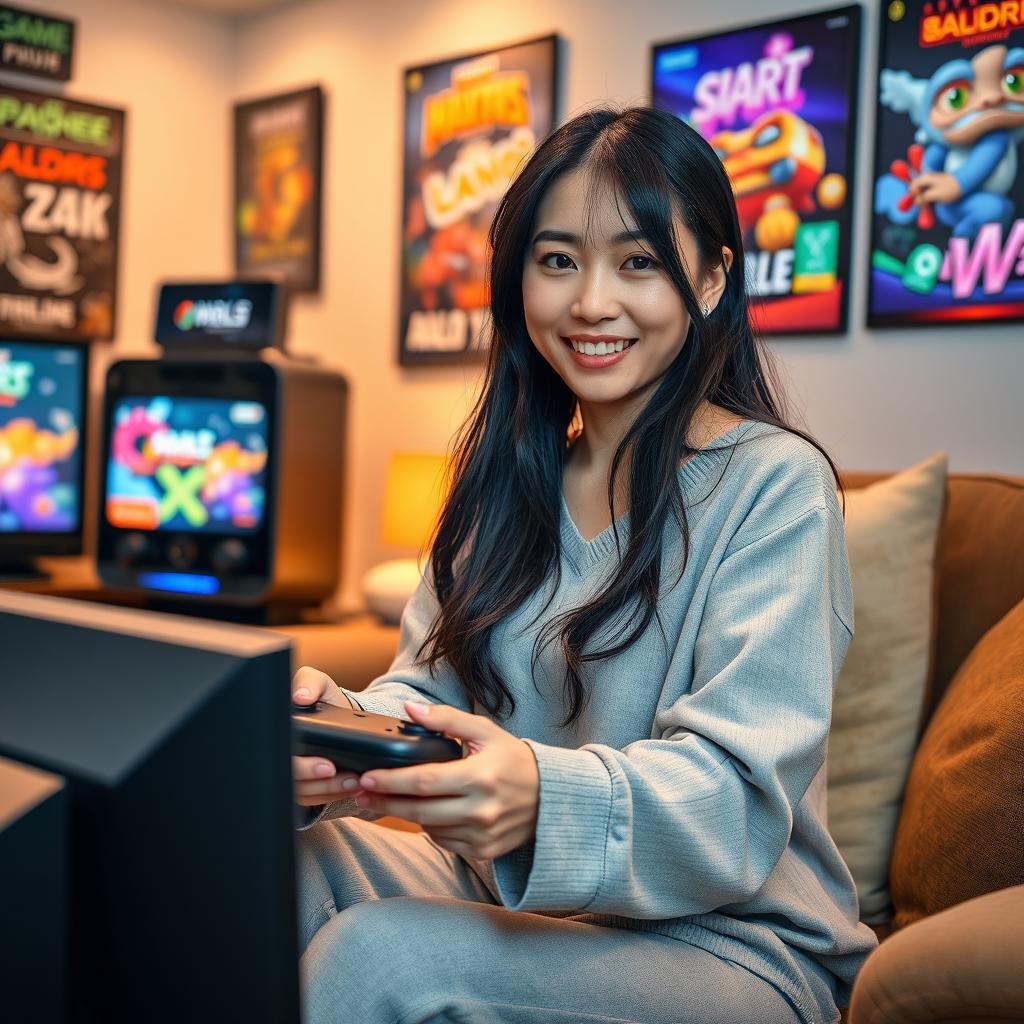 A Japanese woman in her 30s, characterized as a confident and attractive mother figure, playing video games at home
