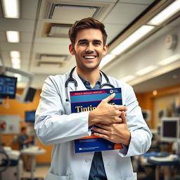 A young emergency medicine doctor in a busy emergency department (ED) room, wearing a white coat and stethoscope