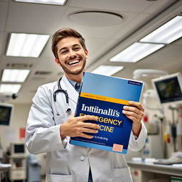 A young emergency medicine doctor in a busy emergency department (ED) room, wearing a white coat and stethoscope