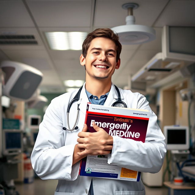 A young emergency medicine doctor in a busy emergency department (ED) room, wearing a white coat and stethoscope