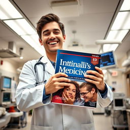 A young emergency medicine doctor in a busy emergency department (ED) room, wearing a white coat and stethoscope