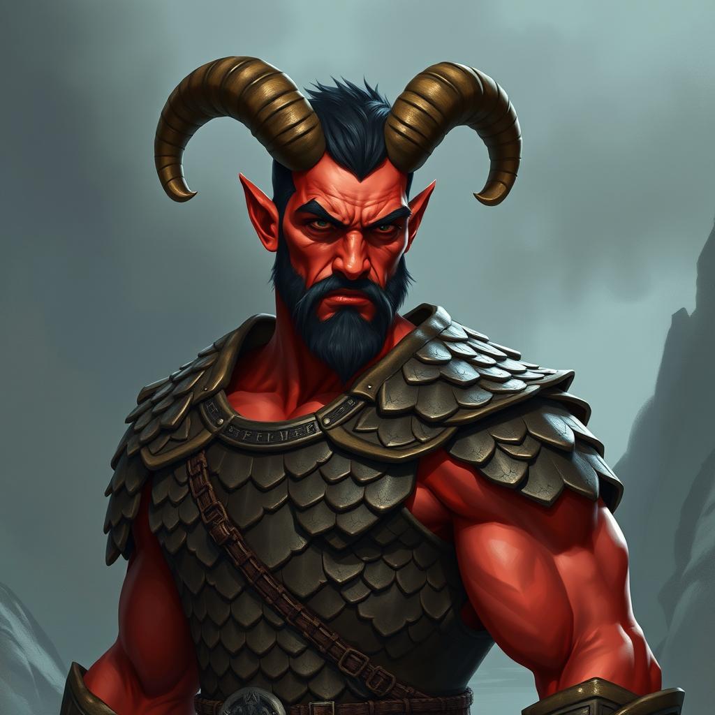 A big red-skinned male tiefling warrior stands powerfully in intricately detailed scale armor that emphasizes his muscular build