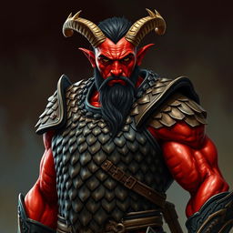 A big red-skinned male tiefling warrior stands powerfully in intricately detailed scale armor that emphasizes his muscular build