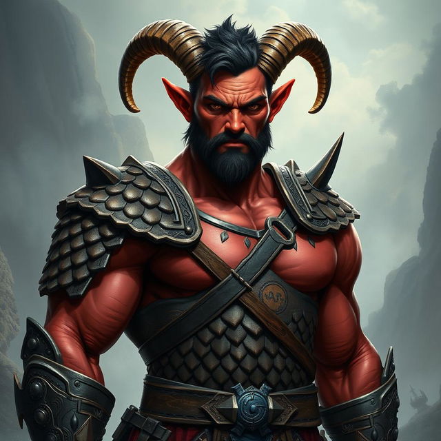 A big red-skinned male tiefling warrior stands powerfully in intricately detailed scale armor that emphasizes his muscular build