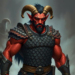 A big red-skinned male tiefling warrior stands powerfully in intricately detailed scale armor that emphasizes his muscular build