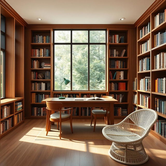 A cozy and modern library design for a future home, featuring a large window allowing natural light to flood the room