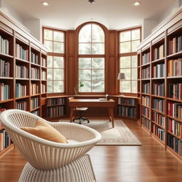 A cozy and modern library design for a future home, featuring a large window allowing natural light to flood the room