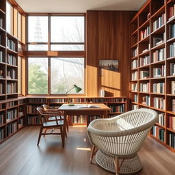 A cozy and modern library design for a future home, featuring a large window allowing natural light to flood the room