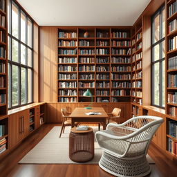 A cozy and modern library design for a future home, featuring a large window allowing natural light to flood the room