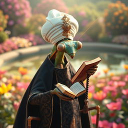 A large, realistic praying mantis dressed in traditional Muslim cleric clothing featuring dark colors with intricate Islamic patterns