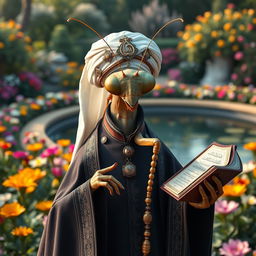 A large, realistic praying mantis dressed in traditional Muslim cleric clothing featuring dark colors with intricate Islamic patterns