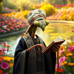 A large, realistic praying mantis dressed in traditional Muslim cleric clothing featuring dark colors with intricate Islamic patterns
