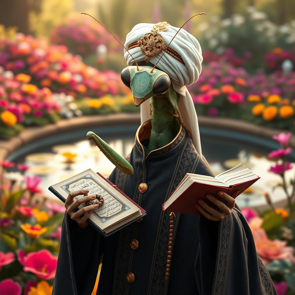 A large, realistic praying mantis dressed in traditional Muslim cleric clothing featuring dark colors with intricate Islamic patterns