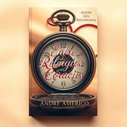 A captivating book cover for a novel titled "Entre Relógios e Corações" by author "André Américo"