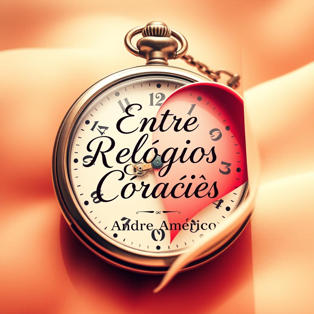 A captivating book cover for a novel titled "Entre Relógios e Corações" by author "André Américo"