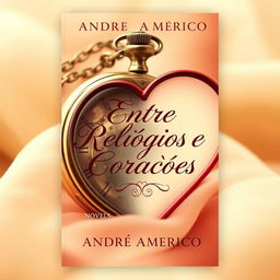 A captivating book cover for a novel titled "Entre Relógios e Corações" by author "André Américo"