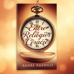 A captivating book cover for a novel titled "Entre Relógios e Corações" by author "André Américo"