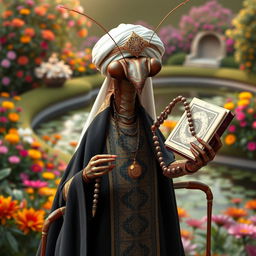 A large, realistic praying mantis adorned in traditional Muslim cleric attire featuring dark colors with intricate Islamic patterns