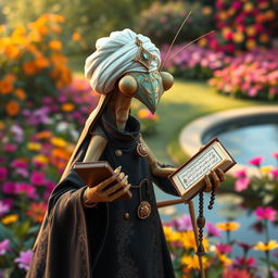 A large, realistic praying mantis adorned in traditional Muslim cleric attire featuring dark colors with intricate Islamic patterns