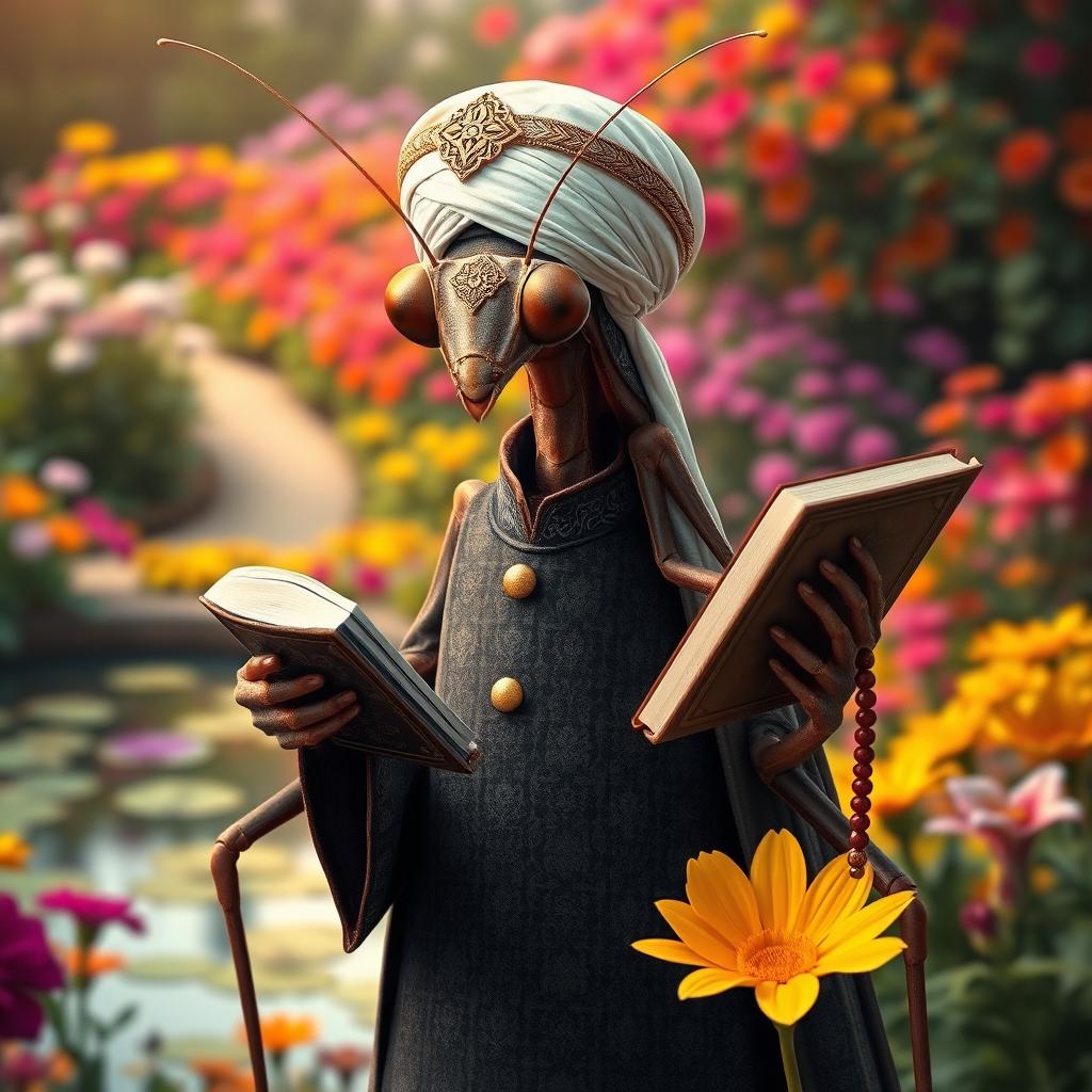 A large, realistic praying mantis adorned in traditional Muslim cleric attire featuring dark colors with intricate Islamic patterns