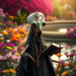 A large, realistic praying mantis adorned in traditional Muslim cleric attire featuring dark colors with intricate Islamic patterns