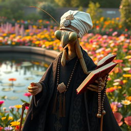 A large, realistic praying mantis dressed in traditional Muslim cleric clothing featuring dark colors adorned with intricate Islamic patterns