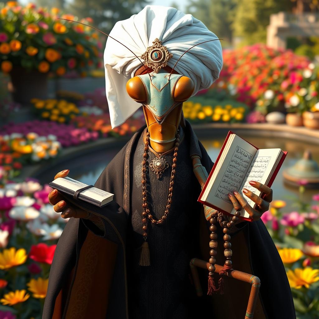 A large, realistic praying mantis dressed in traditional Muslim cleric clothing featuring dark colors adorned with intricate Islamic patterns