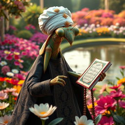 A large, realistic praying mantis dressed in traditional Muslim cleric clothing featuring dark colors adorned with intricate Islamic patterns