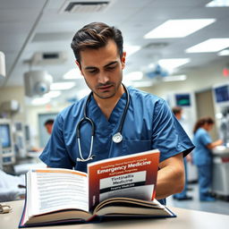An emergency medicine doctor in a bustling emergency department (ED) room, wearing blue scrubs and a stethoscope around his neck