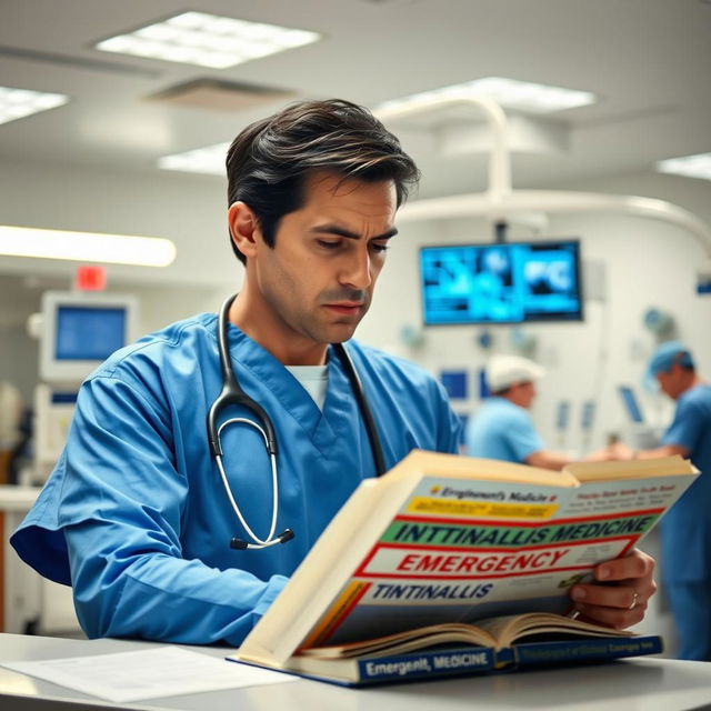 An emergency medicine doctor in a bustling emergency department (ED) room, wearing blue scrubs and a stethoscope around his neck