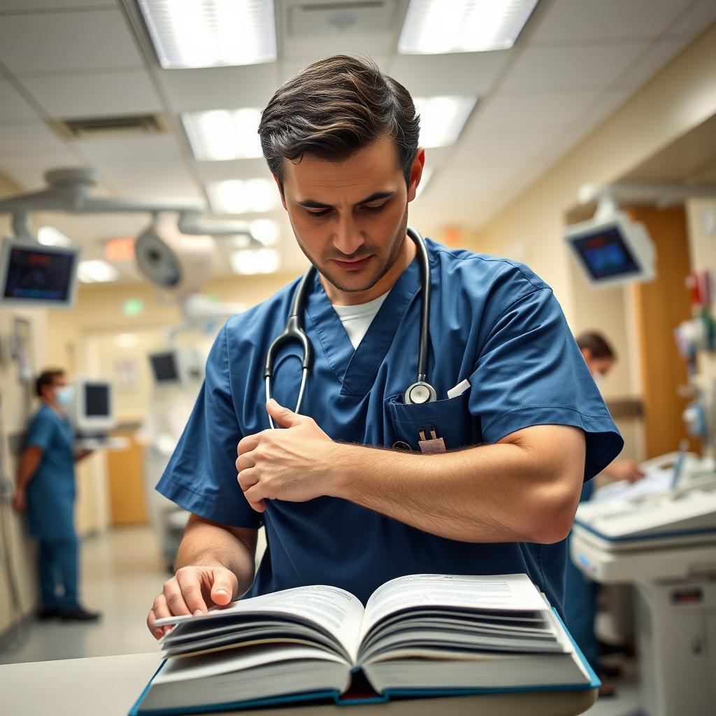 An emergency medicine doctor in a bustling emergency department (ED) room, wearing blue scrubs and a stethoscope around his neck