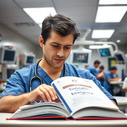 An emergency medicine doctor in a bustling emergency department (ED) room, wearing blue scrubs and a stethoscope around his neck
