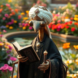 A large, realistic praying mantis dressed in traditional Muslim cleric attire featuring dark colors adorned with elaborate Islamic patterns