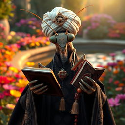 A large, realistic praying mantis dressed in traditional Muslim cleric attire featuring dark colors adorned with elaborate Islamic patterns