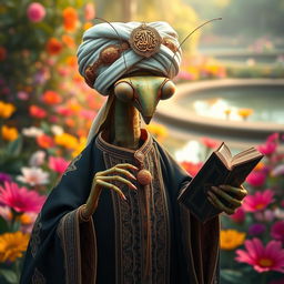 A large, realistic praying mantis dressed in traditional Muslim cleric attire featuring dark colors adorned with elaborate Islamic patterns
