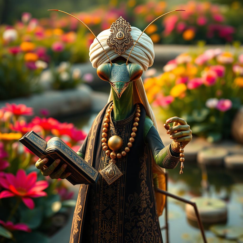 A large, realistic praying mantis dressed in traditional Muslim cleric attire featuring dark colors adorned with elaborate Islamic patterns